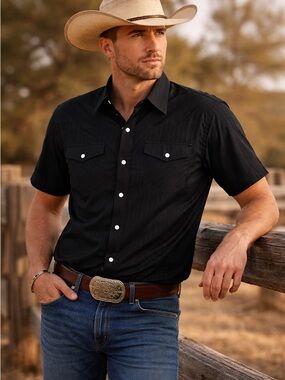 Rodeo Clothing Co Black Pearl Snap Shirt XL Silky Western Pinstripe Cowboy